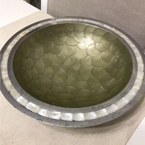 Julia Knight 11.75” Cast Aluminum Bowl Mother of Pearl Mosaic Green Enamel